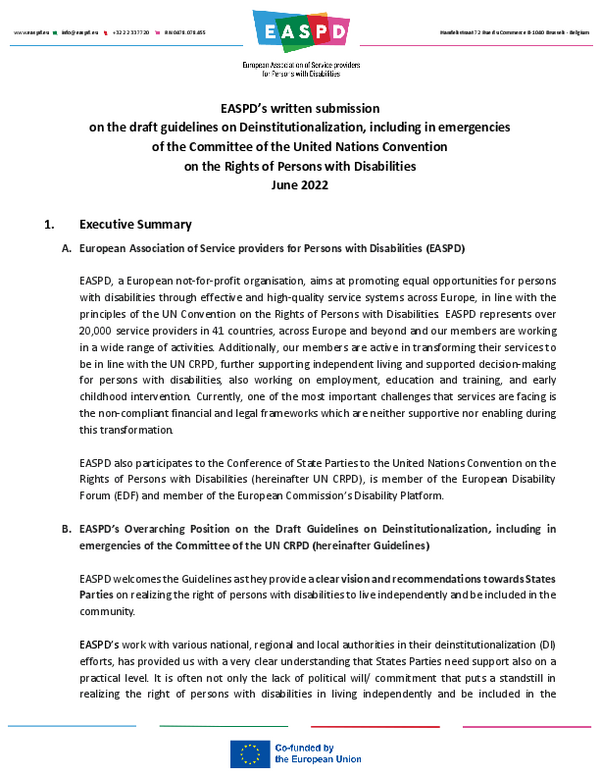 First page of the document with the title 'EASPD’s written submission on the draft guidelines on Deinstitutionalization, including in emergencies of the Committee of the United Nations Convention on the Rights of Persons with Disabilities June 2022' displayed at the top.