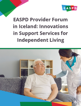 Dark grey text on a white background reads: "EASPD Provider Forum in Iceland: Innovations in Support Services for Independent Living". Below the title is a photo of an elderly man sitting down on a grey sofa, as a healthcare professional wearing a white lab coat talks to him on the right hand side of the photo.