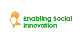 Symbol of a yellow open hand bent on the right with a lightbulb in it. Text says: 'Enabling social innovation'.