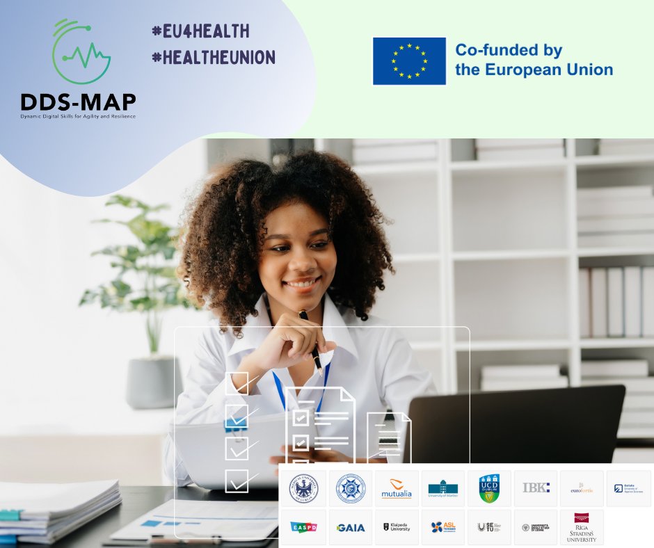  Image of a young woman, in an office, looking at her laptop. She is wearing a white button up shirt. DDS-Map Logo. Co-funded by the European Union logo. #EU4Health #HealTheUnion
