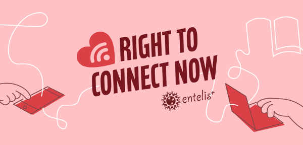An illustration showing a finger touching a tablet on the left side and a hand using a laptop on the right side. Both images are connected with a fine, squiggly line. ENTELIS+ logo and the text 'Right to connect now'